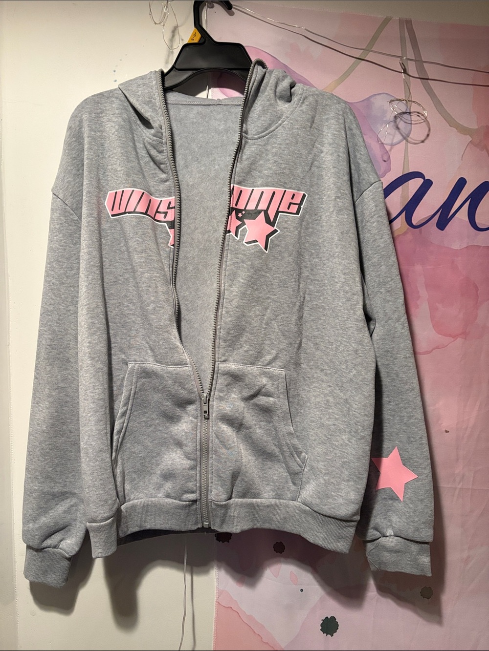Women’s  Grey Zip Hoodie with Pink Star Detail